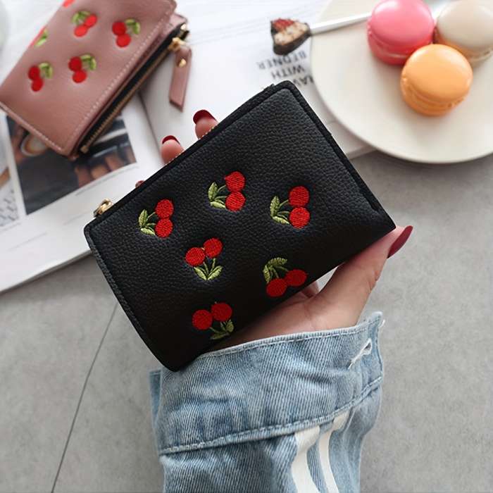 1pc Cherry Embroidery Women's Vertical Wallet Fashionable PU Short Clutch Purse Trendy Portable P