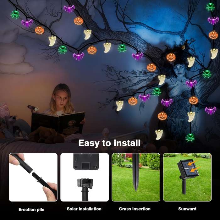 Halloween Decorations Model Pumpkin Bat Ghost Spider 40 Lights Solar