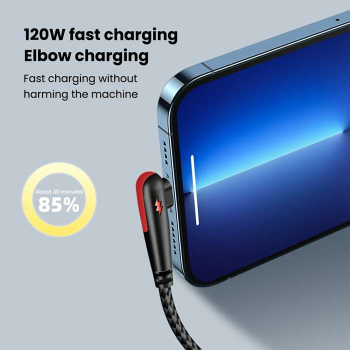1pc 100cm 120W Max Super Fast Charging Cable 90-Degree Elbow USB to Type-C 120W 6A Max Super Fa