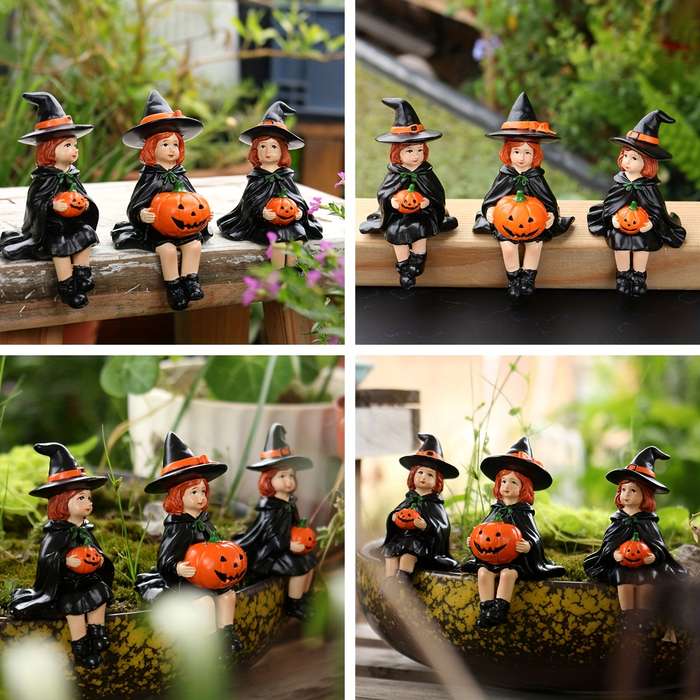 Halloween Decorations Color Witch Sitting On Pumpkin Set Of Three