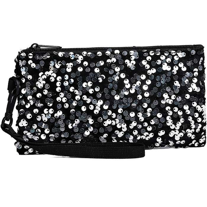 1pc Women's Black Sequin Clutch WalletLong Zippered Phone Bag with Adjustable Strap Stylish Wri