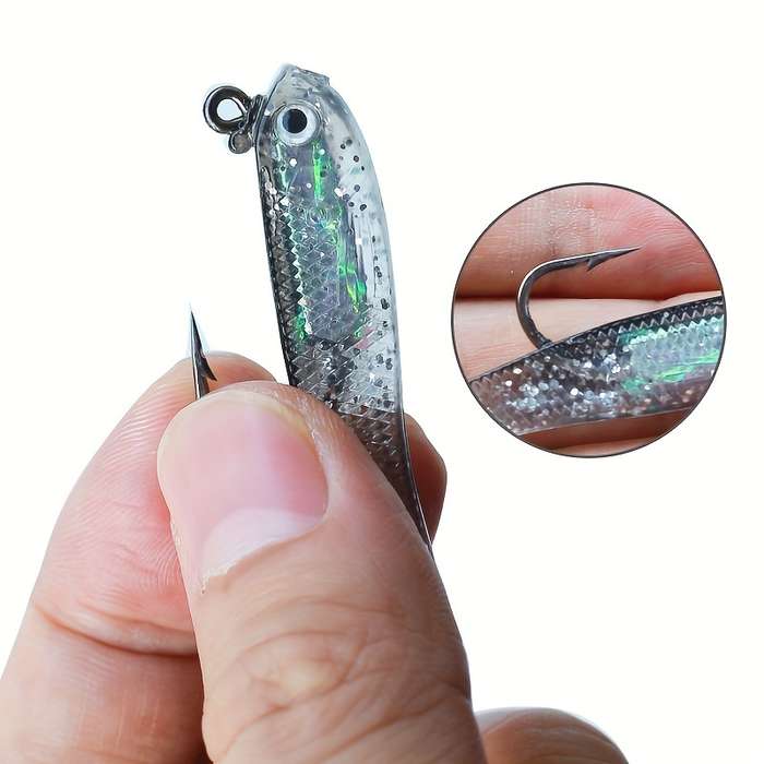 5pcs Realistic PU Small Gray Fish 3D Eyes Bait Hooks for Sea River FishingWith Hook