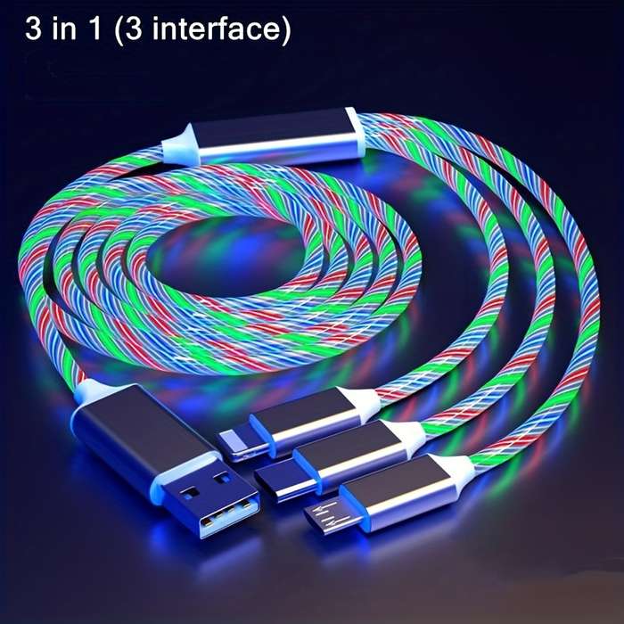 1pc 120cm 3in1 USB Cable 12W Charger Compatible with iPhone Type C Android Micro USB Round