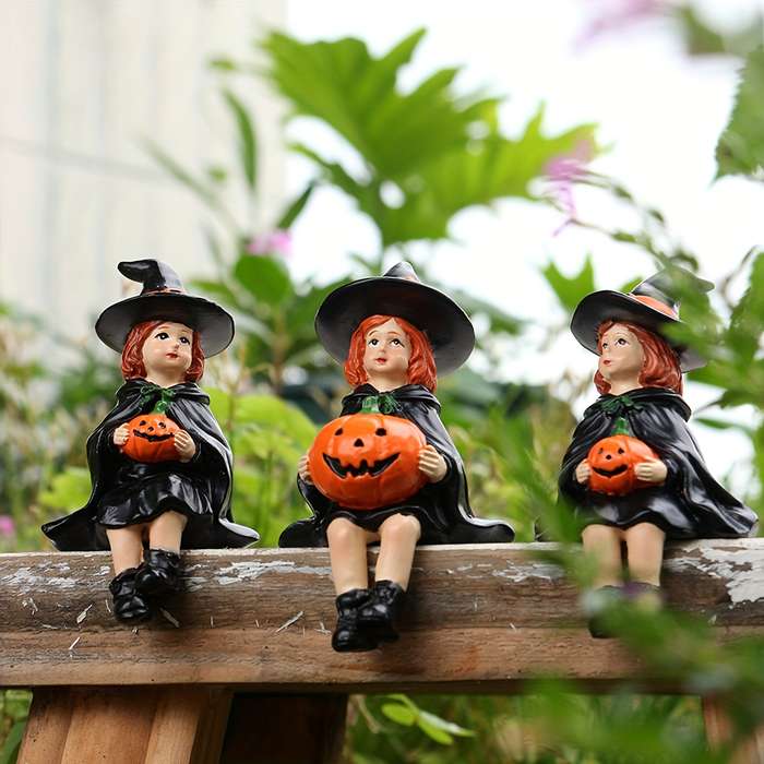 Halloween Decorations Color Witch Sitting On Pumpkin Set Of Three