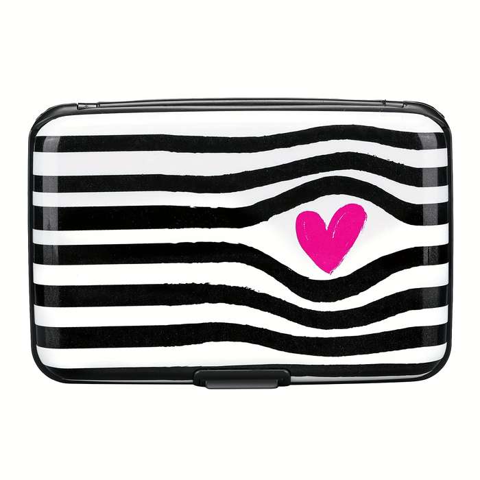 1pc RONG REN HUI Mini RFID Blocking Wallet Black and White Striped Heart Design Compact Metal Ca