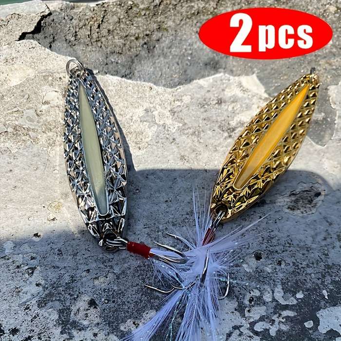 2pcs 10g Fishing Lures With Luminous Night Light Rotating Spoons And Feathered Treble Hooks