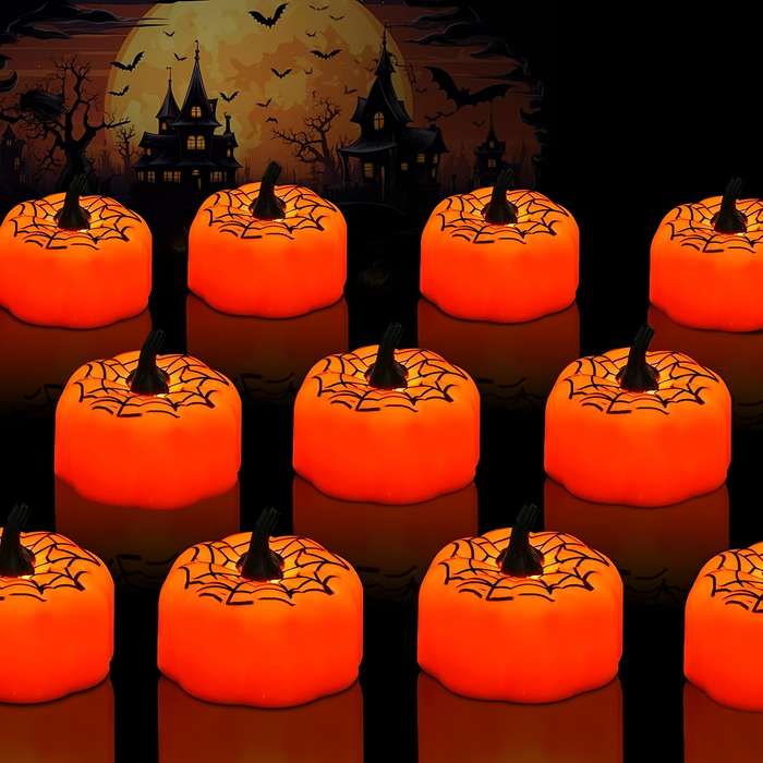 Halloween Decorations Style Pumpkin Tea Lights With Spider Quantity 12Pcs