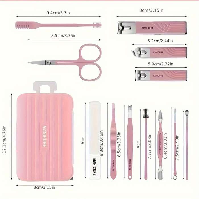 12pcs Set Modern Manicure Travel Kit Portable Trolley Case Nail Set Nail Clippers And Groomin
