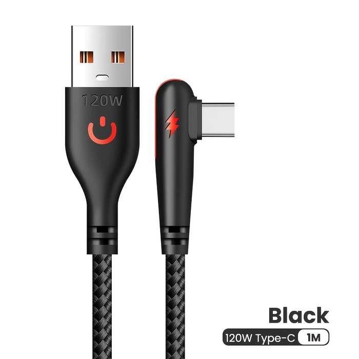 1pc 100cm 120W Max Super Fast Charging Cable 90-Degree Elbow USB to Type-C 120W 6A Max Super Fa