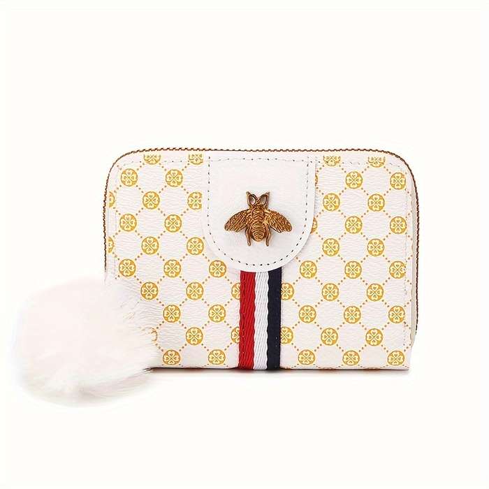 1pc Chic Retro-Inspired Women's Wallet with Honeycomb Print Pompom Accent Multiple Card Slots