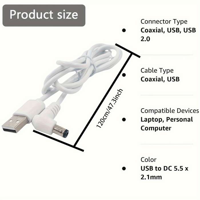 1pc USB 2.0 A Male to DC 5.5x2.1mm Barrel Jack Charging Cable Lightweight Design White 47.3