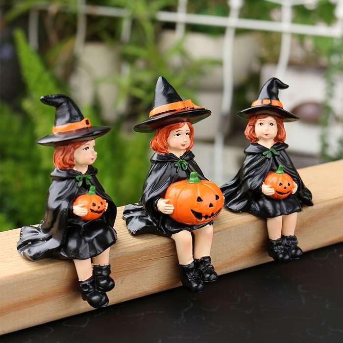 Halloween Decorations Color Witch Sitting On Pumpkin Set Of Three
