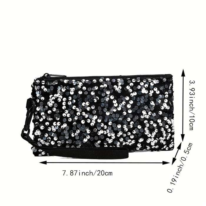 1pc Women's Black Sequin Clutch WalletLong Zippered Phone Bag with Adjustable Strap Stylish Wri