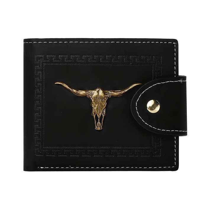 1pc Men's Premium Black Wallet with Golden Geometric Skull Design Embossed Court Style Multiple
