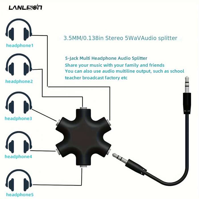 1pc 3.5mm Audio Splitter Cable Share Music with 5 Headphones Durable ABS Available in White