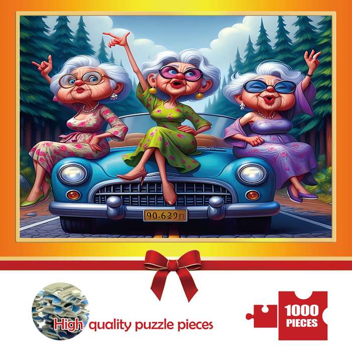 1000pcs Funky Grandmas in Vintage Car Adult Puzzle Vibrant DIY Wall Art 19.7in x 2