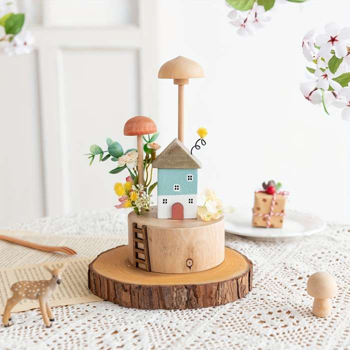 Building Toy Architectural Model Toy Set Items Wooden Mushroom House   Blue