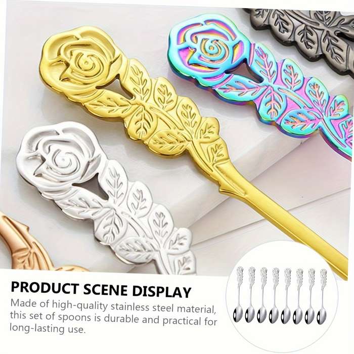 8pcs Set Rose Handle Design Stainless Steel Coffee Spoons 12.7 cm Perfect for Cappuccino Ch