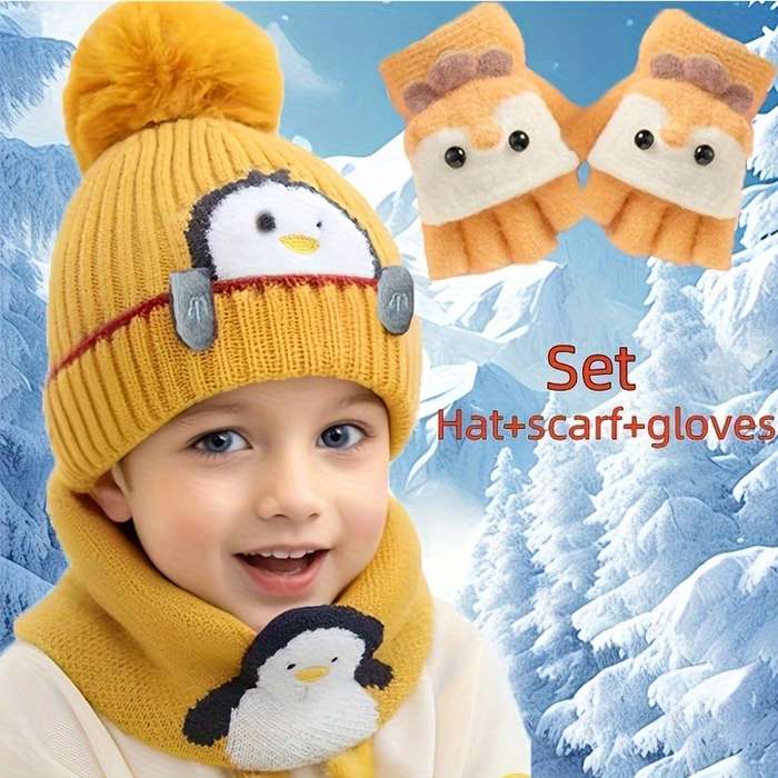 Winter Hat Color Little Penguin  Baby Hat Add Small Scarf Add Gloves    Yellow