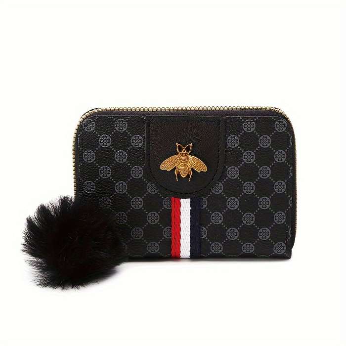 1pc Chic Retro-Inspired Women's Wallet with Honeycomb Print Pompom Accent Multiple Card Slots