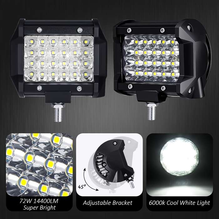2pcs 72W LED Off-Road Driving Lights 4-Inch 14400 Lumens 3000+ Brightness Alumin
