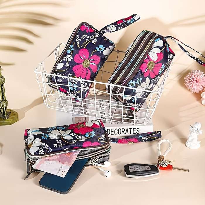 1pc Elegant Floral Printed Polyester Wristlet Wallet Large Capacity Zippered Clutch Bag Lightweig