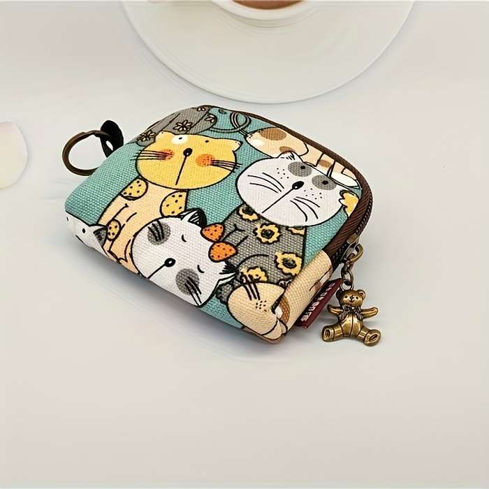 1pc Women's Cute Cartoon Cat Print Canvas Clutch WalletZippered Coin Purse with Animal Design L
