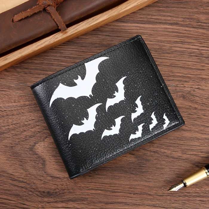 1pc Festive Black Leather Bifold Wallet with White Bat PrintPU Leather Casual Style Animal Pat
