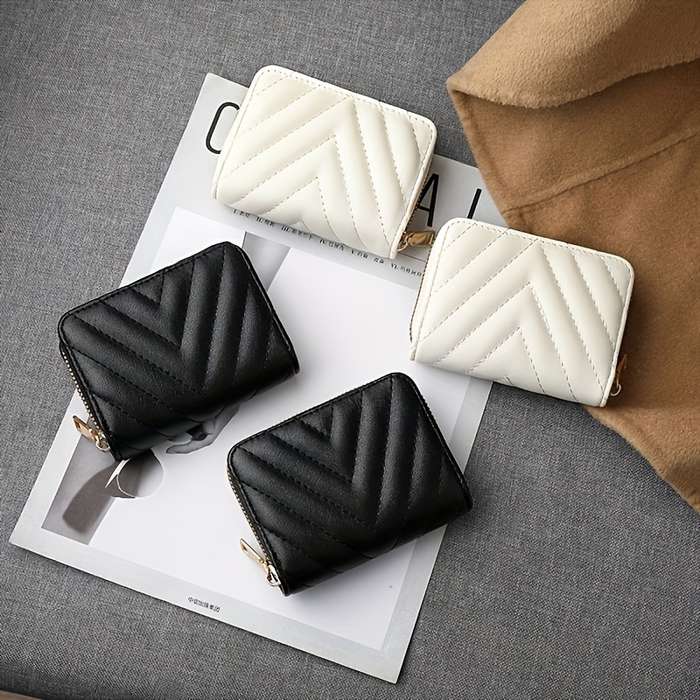 1pc Elegant Black Zipper Wallet with Quilted DesignLarge Capacity Multiple Card Slots Coin Poc