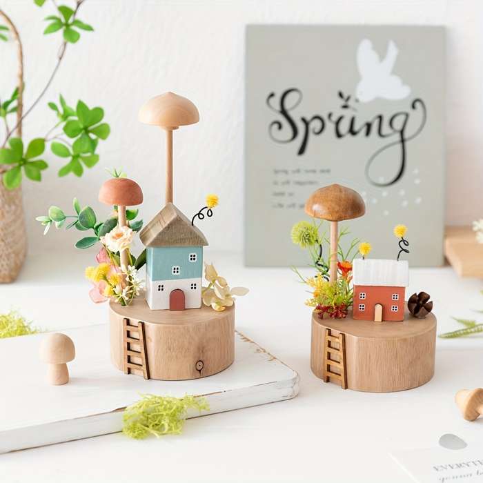 Building Toy Architectural Model Toy Set Items Wooden Mushroom House   Blue