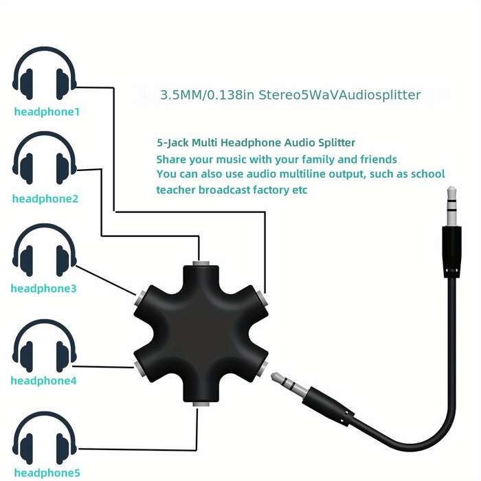 1pc 3.5mm Audio Splitter Cable Share Music with 5 Headphones Durable ABS Available in White