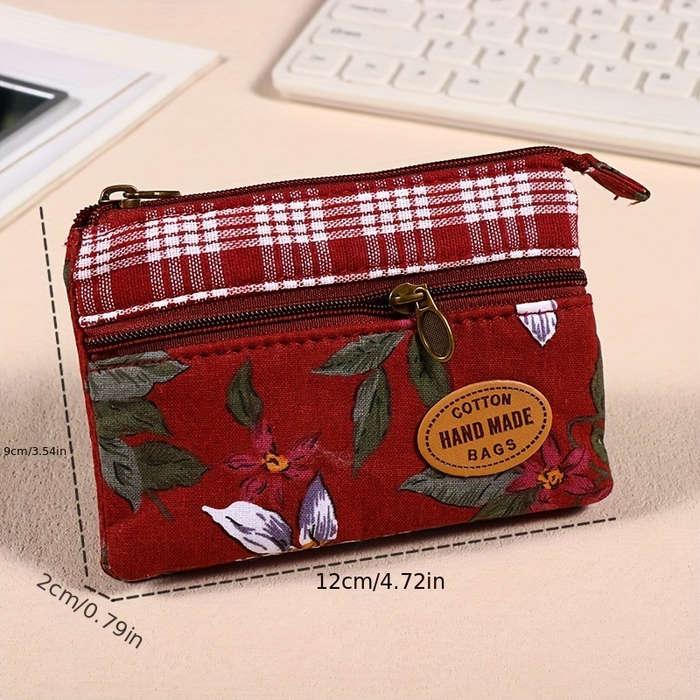 1pc Mini Fabric Coin Purse Flower Pattern Card Holder Multi Layer Change Pouch Wallet