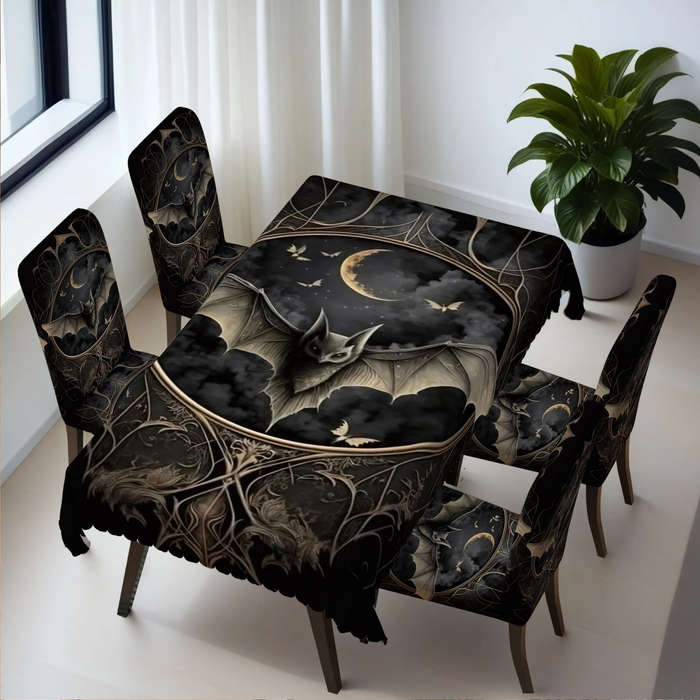 Halloween tablecloth decoration Moonlight Bat Seven piece set 1 tablecloth and 6 chair covers