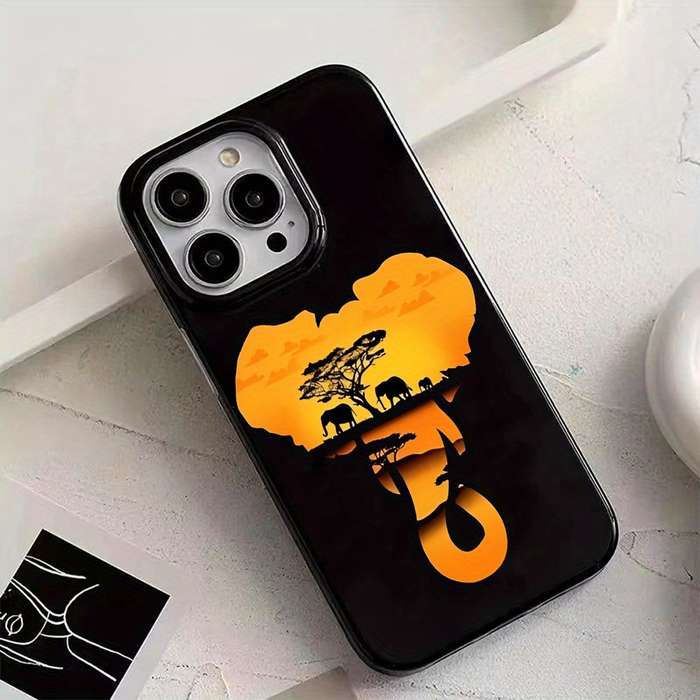 1Pc Black For iPhone 12 Pro Max Twilight Elephant Pattern Phone Case