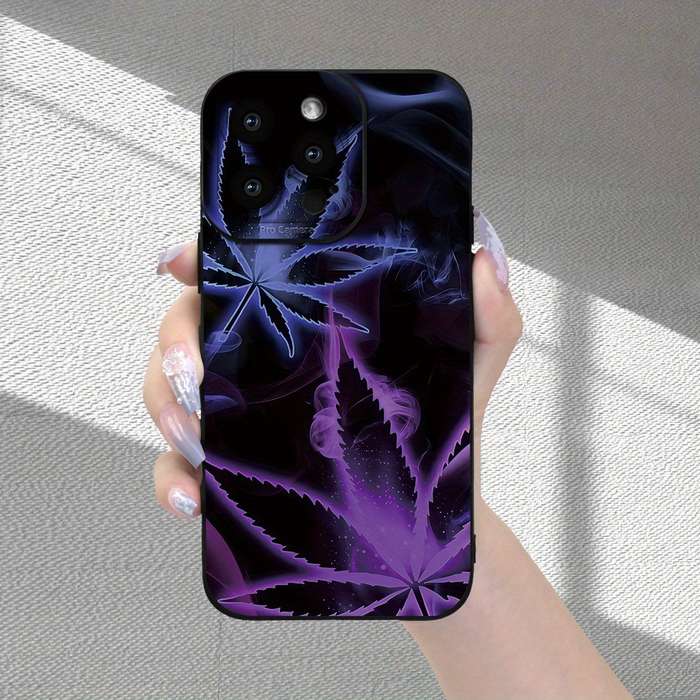 1Pc Black For iPhone 11 Purple Leaf Smoke Pattern Phone Case