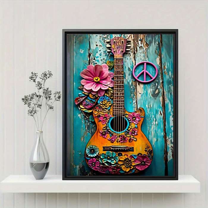 1pc  2D Flat Unframed Painting Vibrant Hippie Guitar And Flowers Canvas Print Poster Wall Art D