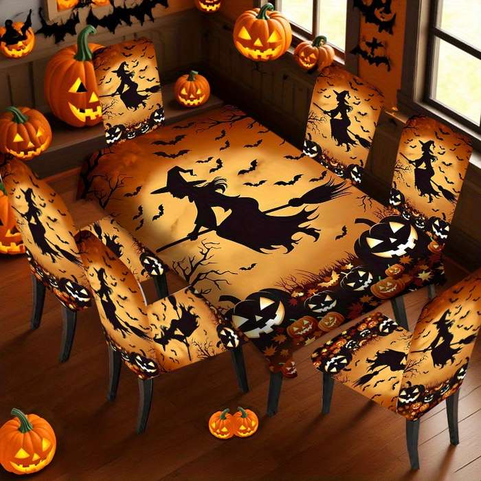 Halloween tablecloth decoration color 7 piece set 1 tablecloth add 6 chair covers size 241cm x 502cm