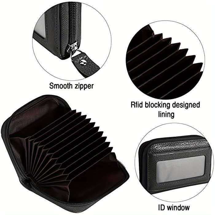 1pc Compact RFID Blocking Zipper WalletGenuine Faux Leather Credit Card Holder with 12 Secure Sl