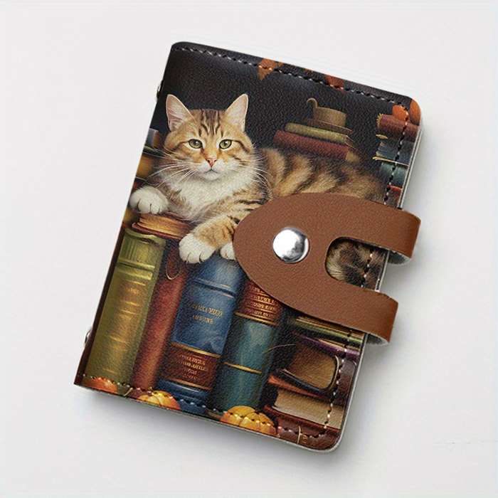 1pc Vintage Bookshelf Cat Print Slim Card Holder with 24 Slots Stylish Synthetic Leather Credit C