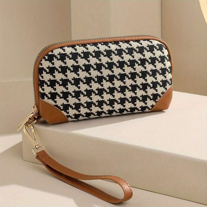 1pc Elegant Canvas Long Style Wallet Portable Printing Houndstooth Zipper Purse with Credit Card C