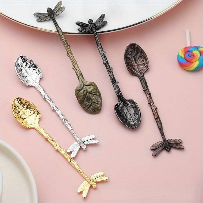 1pc Dessert Spoon In The Shape Of A Leaf With Dragonfly Branches And Leaves For Kitchen And