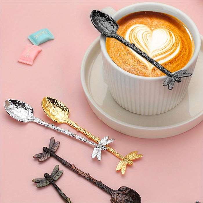 1pc Dessert Spoon In The Shape Of A Leaf With Dragonfly Branches And Leaves For Kitchen And