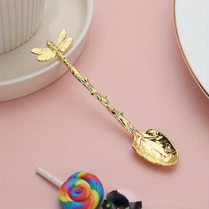 1pc Dessert Spoon In The Shape Of A Leaf With Dragonfly Branches And Leaves For Kitchen And