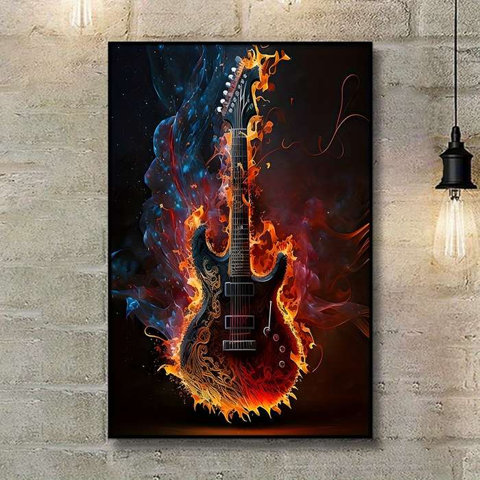1pc COCBONI Classic Fabric Guitar Wall Art Canvas  Unframed Fire and Ice Guitar Poster for Bed