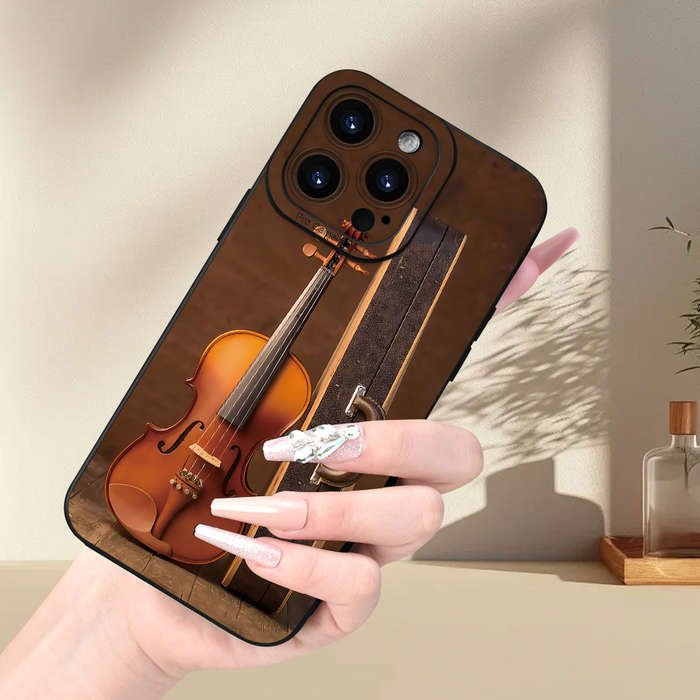 1Pc Black For iPhone 15 Pro Violin Print Phone Case