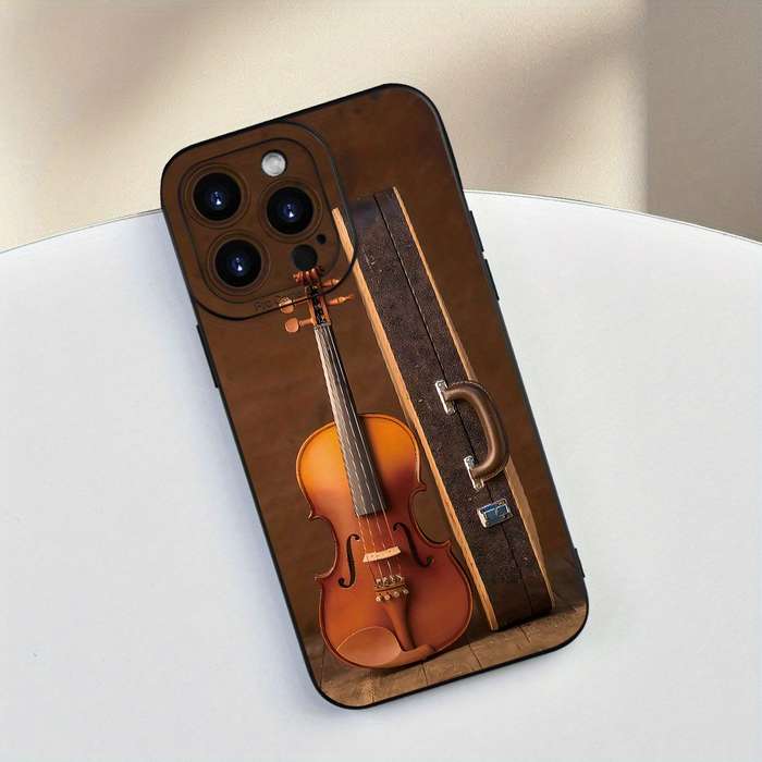 1Pc Black For iPhone 15 Pro Violin Print Phone Case
