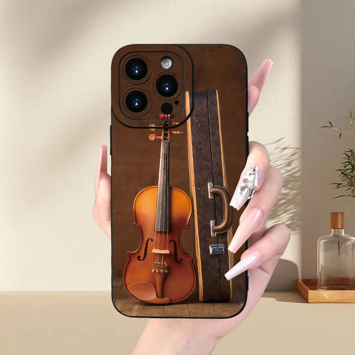1Pc Black For iPhone 15 Pro Violin Print Phone Case