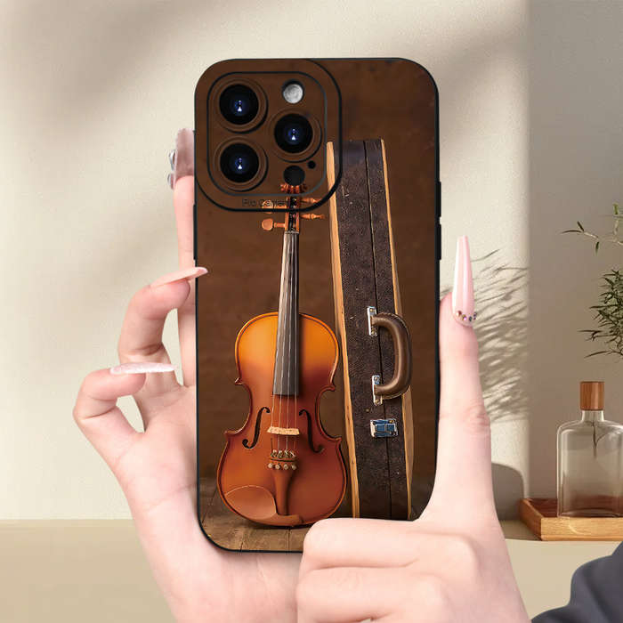 1Pc Black For iPhone 15 Pro Violin Print Phone Case