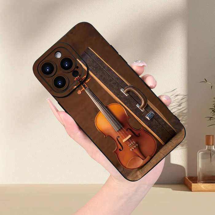 1Pc Black For iPhone 15 Pro Violin Print Phone Case