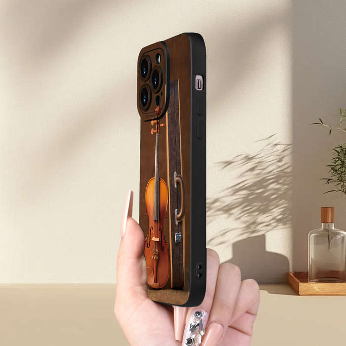 1Pc Black For iPhone 15 Pro Violin Print Phone Case